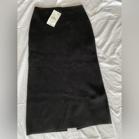Zara Black High waisted Knit Midi Pencil Skirt elastic waistband Back Slit S NWT - Picture 13 of 16